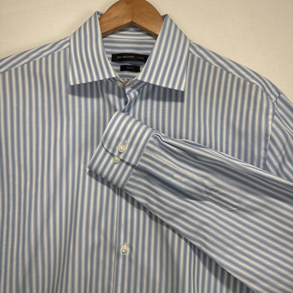 John Varvatos Shirt Mens 15‎ 1/2 Blue Button Down Dress Stripe Trim Fit